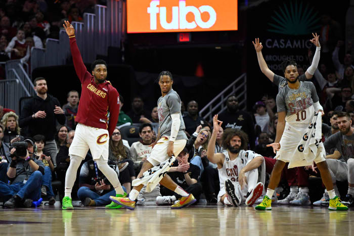 Mar 4, 2023; Cleveland, Ohio, USA; The Cleveland Cavaliers celebrate in the third quarter against the Detroit Pistons at Rocket Mortgage FieldHouse. Mandatory Credit: David Richard-USA TODAY Sports